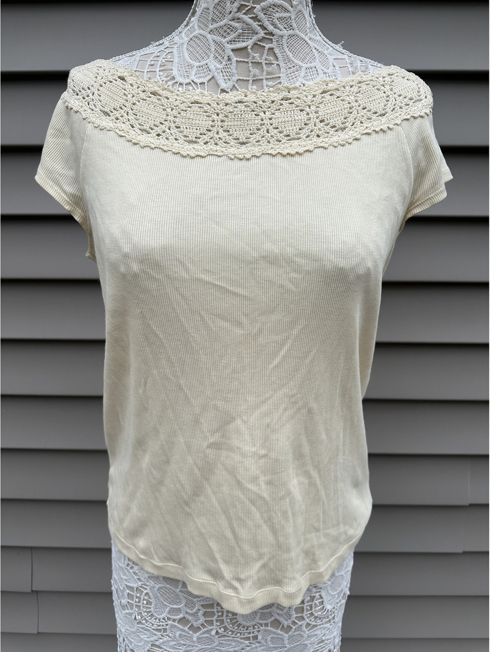 Lauren Ralph Lauren Cream Ribbed Crochet Neckline Bohemian Cottage Blouse